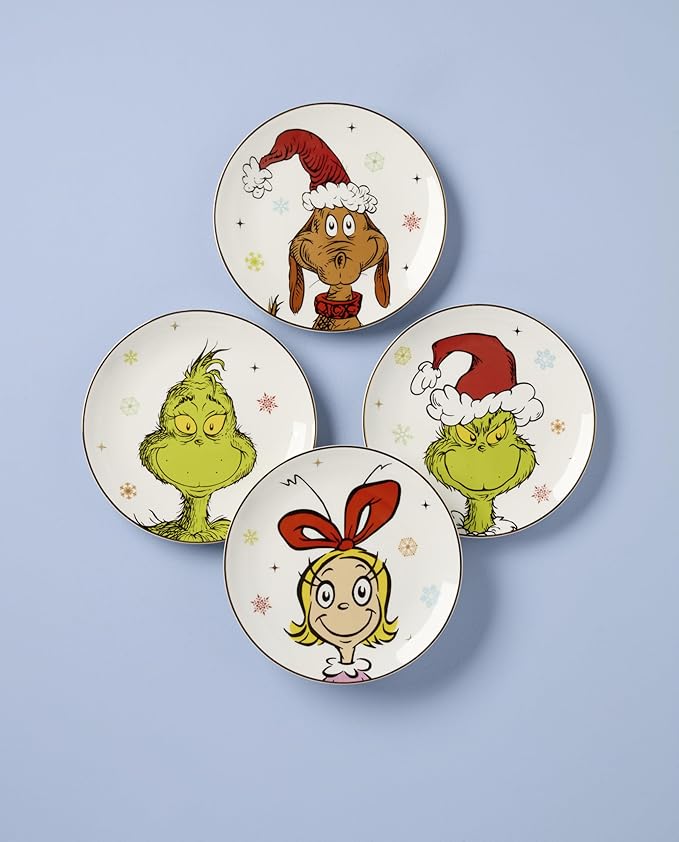 Lenox Dinnerware Set, Merry Grinchmas Accent Plates, Service for 4 Porcelain Accent plates, Microwave Safe and Dishwasher Safe, for Pasta, Salad and Dinner, Christmas Decoration (Assorted, 4 Pieces)