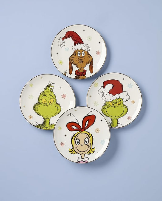 Lenox Dinnerware Set, Merry Grinchmas Accent Plates, Service for 4 Porcelain Accent plates, Microwave Safe and Dishwasher Safe, for Pasta, Salad and Dinner, Christmas Decoration (Assorted, 4 Pieces)