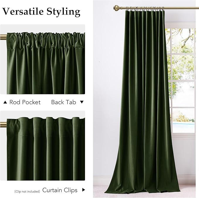 NICETOWN Olive Green Blackout Velvet Curtains 96" Length 2 Panels for Nursery, Vision Insluated Elegant Drapes Room Darkening for Bedroom Back Tab with Pleat Tape Window Treatments, 52 inch Wide