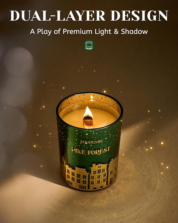 M&SENSE Pine Forest Christmas Candles, Large Winter Scented Soy Candles, Crackling Wooden Wick 18oz 100 Hours Long Lasting Clean Burn, Luxury Holiday Gifts for Relaxation, Stress Relief