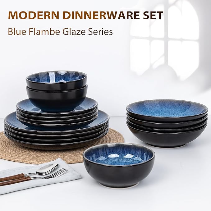 Plates and Bowls Sets for 4 - CJDC-QUELO 16-Piece Stoneware Dinnerware Sets, Ceramic Dishware Set for Kitchen Use and Formal Dining, Chip and Scratch Resistant Microwave Dishwasher Safe, Blue