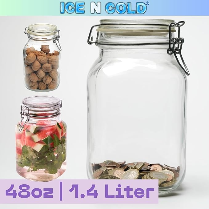 Airtight Glass Storage Jars with Clamp Lid – Food Storage Containers with Rubber Gasket Seal – Pantry & Kitchen Canisters for Dry Goods, Coffee, Sugar, Pasta – 0.4L to 2.2L Sizes (6, 48oz | 1.4L)