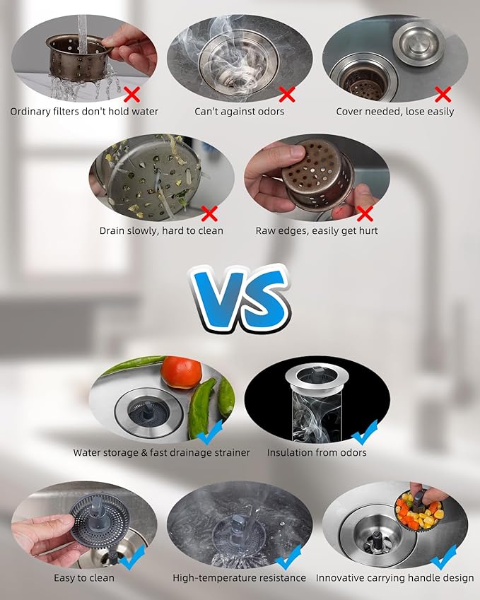 Hibbent Upgraded 3 in 1 Kitchen Sink Drain Strainer and Stopper Combo, Stainless Steel Metal Pop Up Sink Stopper with Foldable Handle, 3 Anti-Clogging Baskets, Fit for US Standard 3-1/2 Inch Drain
