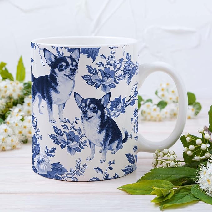 Chihuahua Blue French Toile Mug, Chihuahuas Lover Gifts for Women, Blue Chinoiserie Toile Coffee Cup for Chihuahua Mom, Dog Lovers Tea Coffee Mug Birthday Gifts for Dog Owners, 11oz