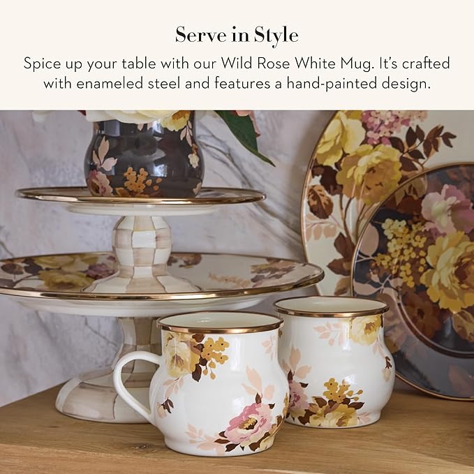 MACKENZIE-CHILDS Enamel Mug, Cute Enamelware Tea or Coffee Mug, Wild Rose White