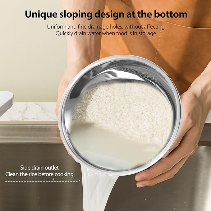 4PCS Rice Washer Strainer Bowl with Side Drainers Stainless Steel Rice Washing Bowl Multifunctional Colander for Cleaning Rinsing Fruits Vegetables Beans Silver