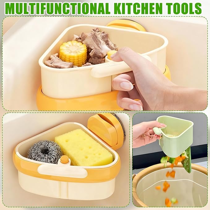 Suction Cup Sink Corner Rack,Sink Strainer Basket,Plastic Sink Storage Rack Holder,Triangle Sink Filter Basket,Corner Sink Trash Catcher for Food Waste (Green)
