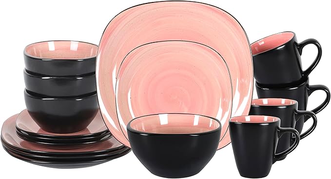 Stoneware Square 16pc Dinnerware Set, Inside Spinwaseh Swirl Rose + Outside Black