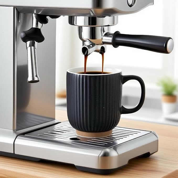Black and White Ceramic Coffee Mugs Set of 4 (12 oz) Large Ceramic Coffee Cups Set Ribbed Coffee Mugs Set, Big Mugs Set with Handle Suitable for Latte, Cappuccino, Milk, Cocoa, Tea, Juice