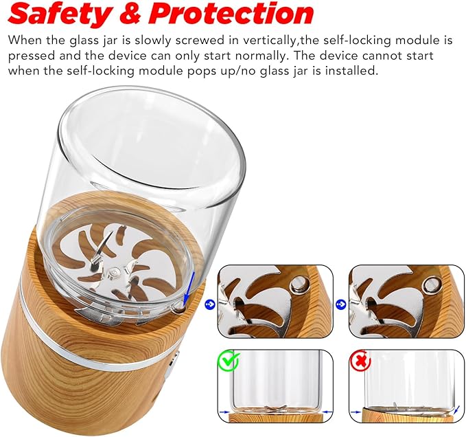 Electric Grinder Spice Crusher Rechargeable Mini Size 2" x 3.5" with 2PCS 1.7oz/50ml Glass Jars (NOT for nuts or beans), Wood Grain Pattern
