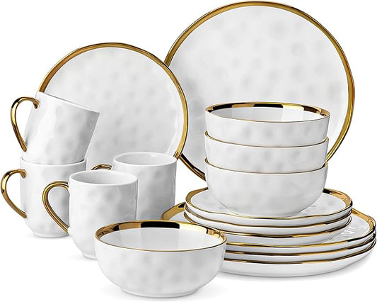LOVECASA 16 Pieces Plates and Bowls Sets, Porcelain White and Gold Dinnerware Sets, Round Dinner Plates Dishes Set Service for 4, Dishwasher Safe and Scratch Resistant, White
