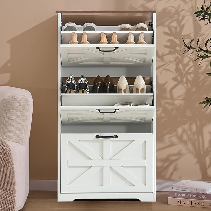 Shoe Storage Cabinet with Bench, Farmhouse Shoe Organizer with Barn Door Design, Space-Saving Hidden Narrow Shoe Rack Cabinet for Entryway, Hallway & Foyer，White