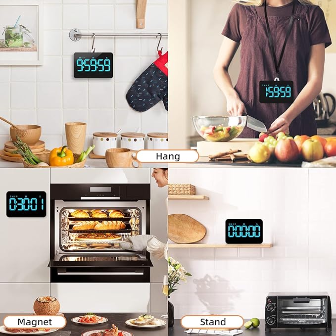 Rechargeable Digital Kitchen Timer for Cooking, Magnetic Timers with Countdown/up, Kids Timer with 5”LED Display 3 Brightness 4 Volume Adjustable for Classroom/Office/Home/Work/Fitness/Game（Blue）
