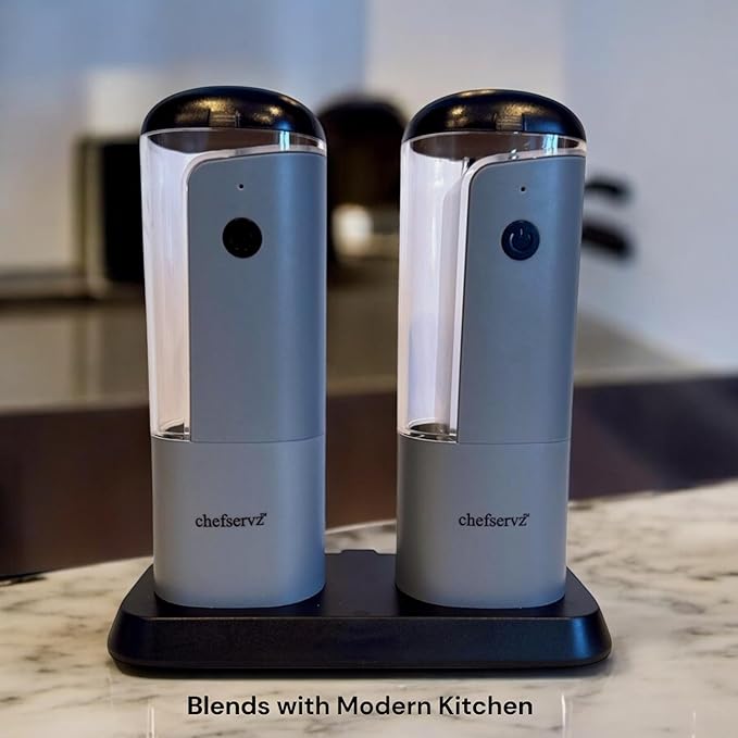 Electric Salt and Pepper Grinder Set, USB Rechargeable, 6.5" Tall, with Charging Stand, Adjustable Coarseness