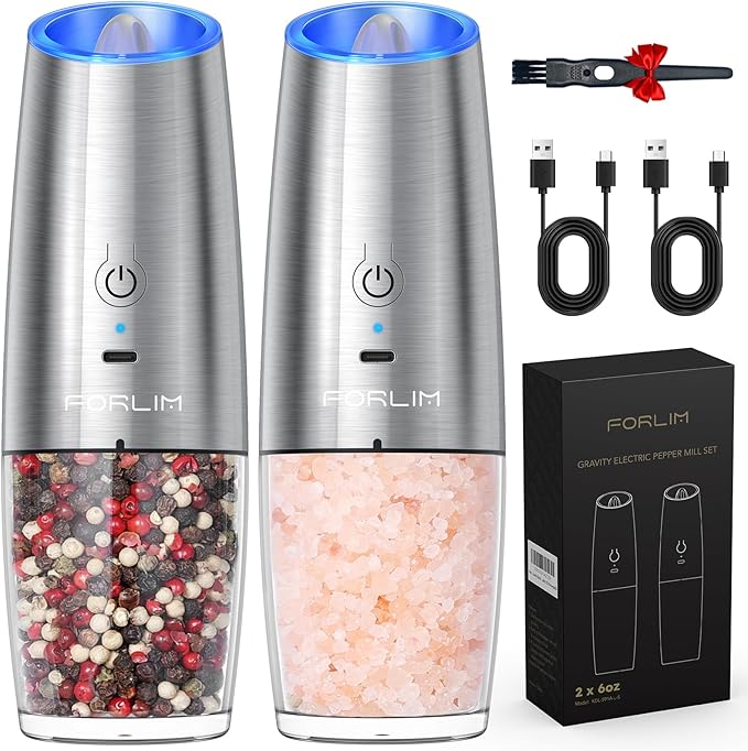 FORLIM Gravity Electric Salt and Pepper Grinder Set, USB Rechargeable 9oz Large Capacity Salt Grinder, Automatic One-Click Grinding One Hand Operated Adjustable Coarseness Pepper Mill(Silver)
