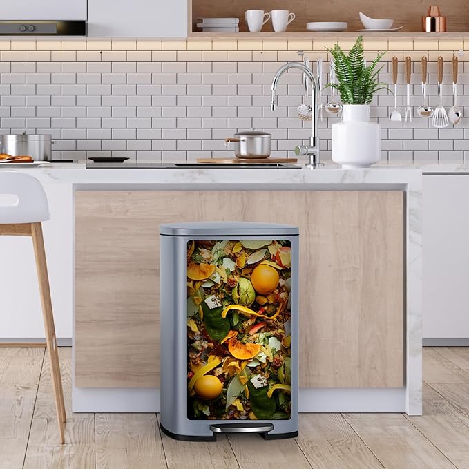13.2 Gal Kitchen Trash Can, 50L Recycling or Garbage Bin, Brushed Stainless Steel Waste Basket, Soft&Quiet Close Dustbin, with Step-On Pedal, Removable Inner Bucket, for Home, Office, Living Room