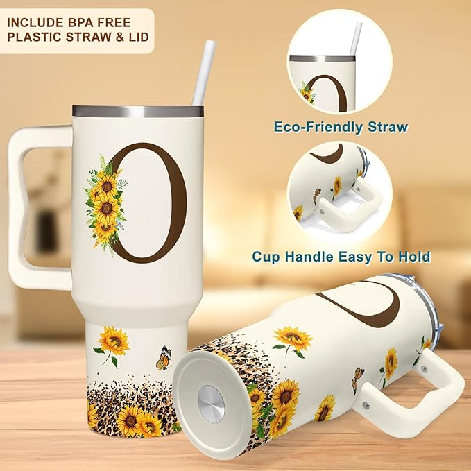 Personalized Birthday Gifts For Women - Sunflowers Monogrammed Cup For Boss Day, Christmas - Customized Gifts For Women, Mom, Wife, Coworkers, Boss Lady, Her - Custom Tumbler With Handle 40oz