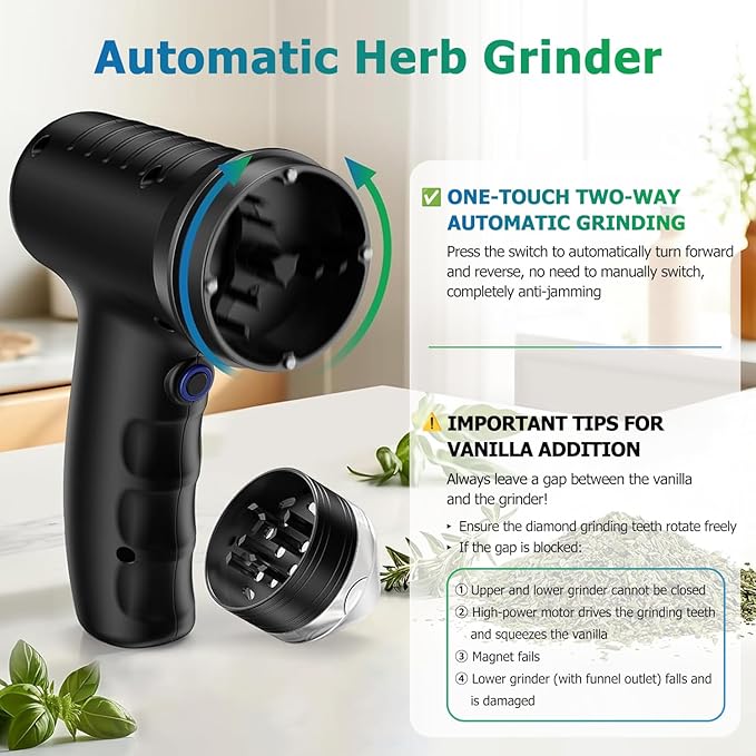 Electric Herb Grinder – USB Rechargeable Automatic Grinder with Digital Display | 1.5 g Single Grinding | Perfect for Kitchen Herb Grinders & Spice Grinding | Includes Storage Jars & Funnels