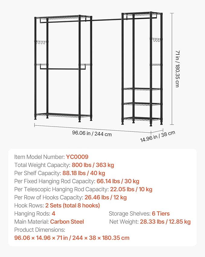 VEVOR Clothing Garment Rack, Heavy Duty Closet Wardrobe, Adjustable Tiers Clothes Racks with Steel Frame, for Bedroom, Clothing Store, Hallway