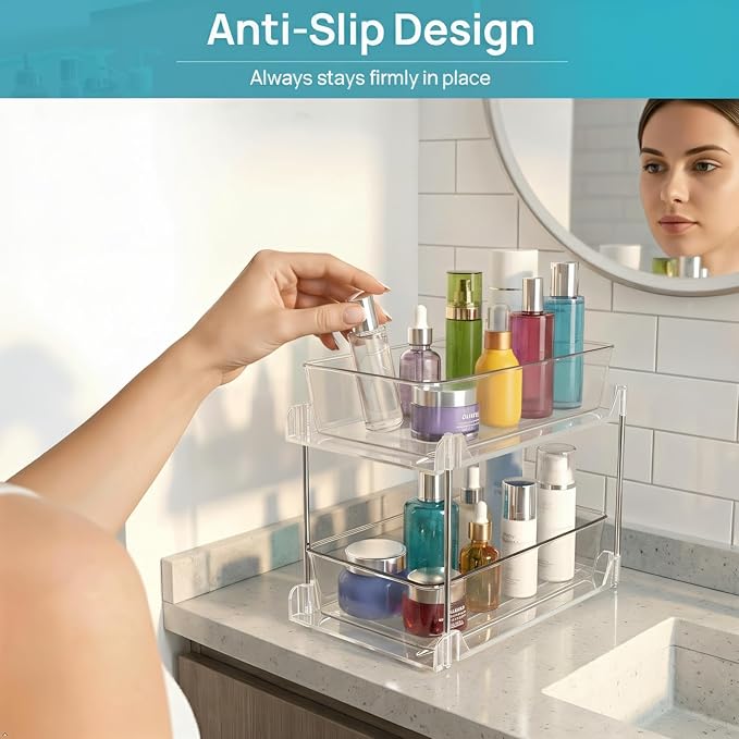 Bathroom Organizers and Storage,2-Tier Clear Under Sink and Pull-Out Cabinet Organizer with Track for Kitchen, Pantry,Vanity Countertop,Medicine Cabinet,Closet Drawers Bins
