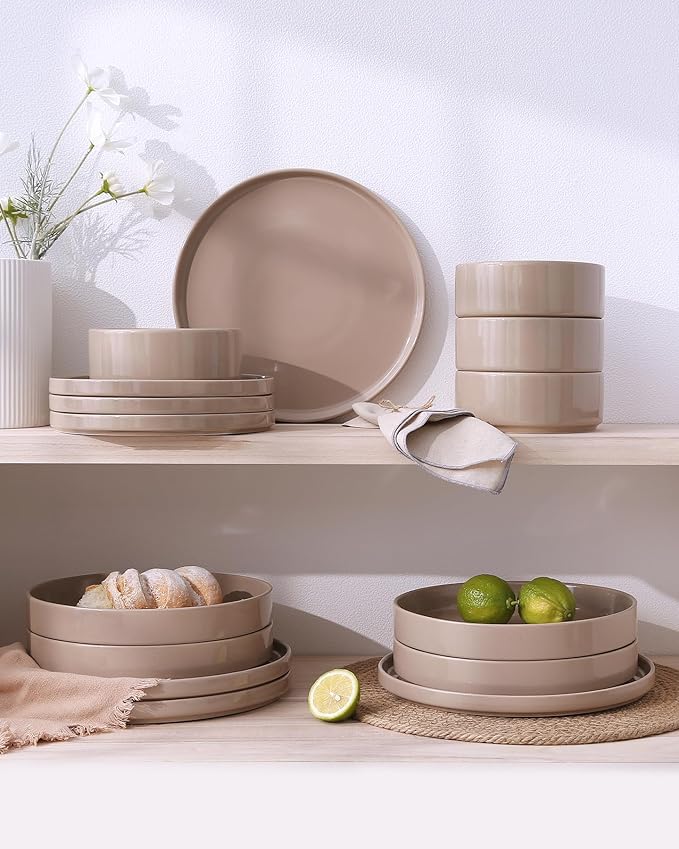 Famiware Nebula Plates and Bowls Sets, 24 Pieces Dinnerware Sets, Dishes Set for 8, Cinnamon Brown