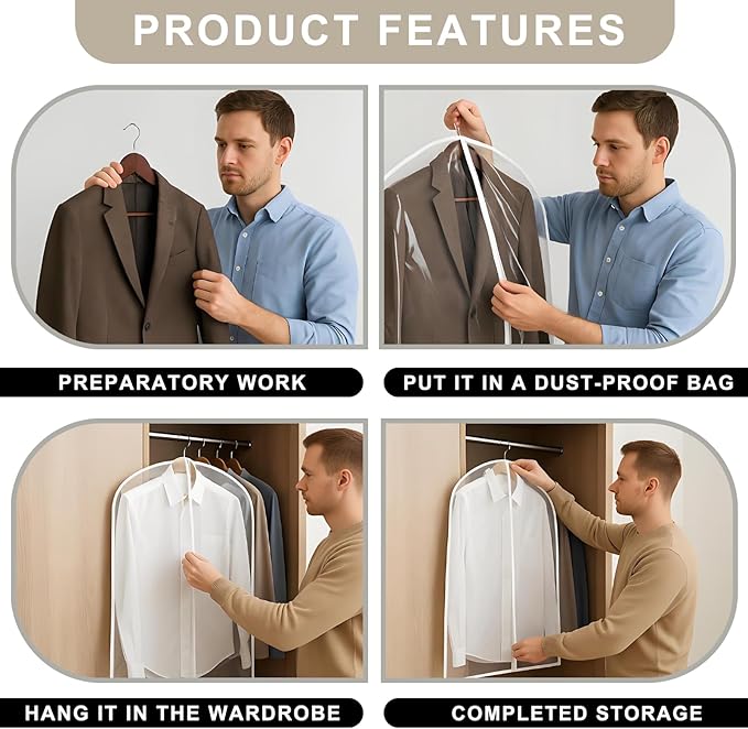 Garment Bag, Translucent 24'' x 43'' Suit Bag, 5 Packs, Dress Bags for Gowns, Garment Bags for Travel, Travel Garment Bag, Garment Bags for Hanging Clothes, Washable Suit Cover (24'' x 43'')