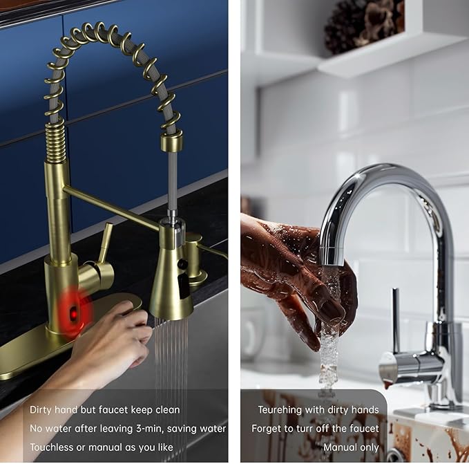 DAYONE Brushed Gold Touchless Kitchen Sink Faucets with Soap Dispenser, Pull Down Smart Hands-Free Spring Faucet for Kitchen Sink Motion Sensor Touch Faucet High Arc