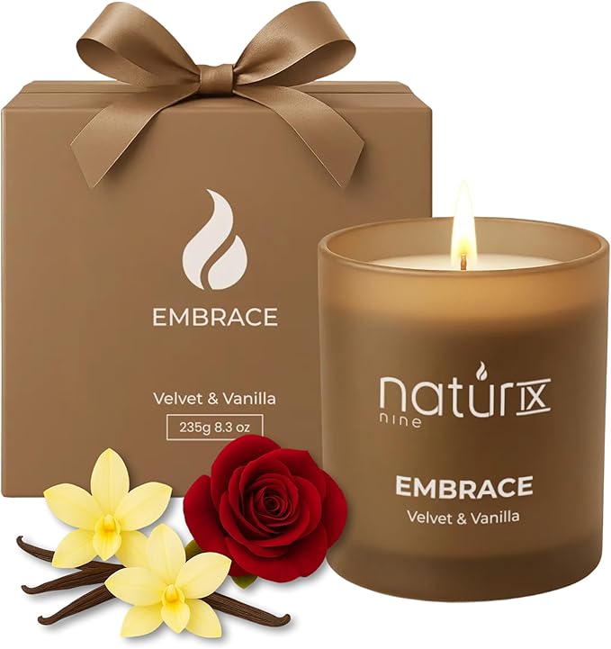Natur IX Embrace Scented Candles for Home | Velvet & Vanilla | Natural Non Toxic Soy Candles with Essential Oils | 50 H Long Burning