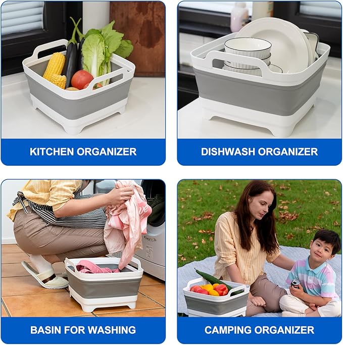 Collapsible Dish Basin, 2.4 Gallon Foldable Kitchen Sink with Drain Plug for Space-Saving Dish Washing, Vegetable & Baby Bottle Cleaning