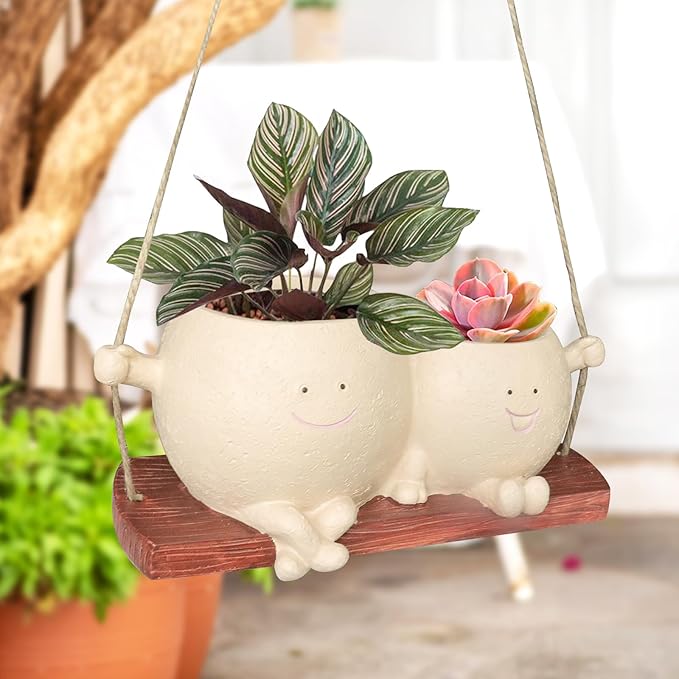 Swing Face Planter Pot Cute Hanging Double Head Flower Planters for Indoor Outdoor Plants Resin Succulent Pots for String of Pearls Plant Live Gift Ideas for Mother Teacher Christmas (Khaki)