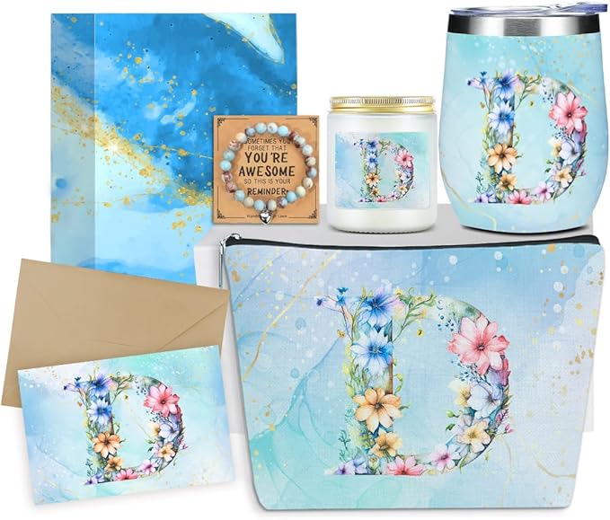 Personalized Gifts Monogrammed Birthday Gifts for Women, Niece Auntie Boss Teacher Appreciation Christmas Initial Wine Tumbler Makeup Bag Scented Candle Bracelet Set, (Aesthetic Blue Flower D)