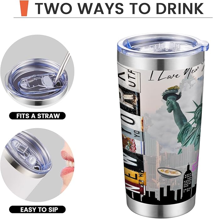 20oz Insulated Tumbler New York State Coffee Mug, United States Map Travel Mug Landmark, Birthday Gifts Cute Custom Tumbler Cups with Lid and Straw Gifts for Mom