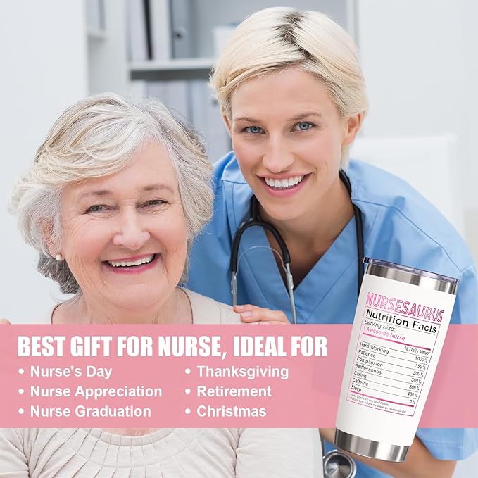 Nurse Gifts for Women, Christmas RN Gifts for Nurse Female Practitioner Doctor Dentist Assistant, 20 OZ Tumbler Nursesaurus Insulated Cup Best Unique Graduation Appreciation Birthday Christmas Gift