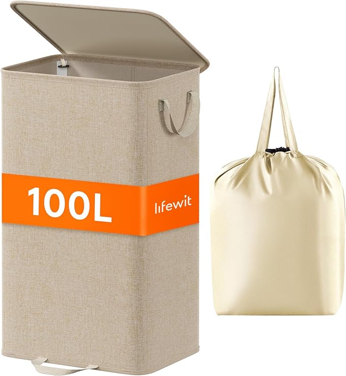Lifewit Laundry Hamper with Lid and Removable Laundry Bag, Large Collapsible 1 Divider Dirty Clothes Basket with Handles for Bedroom, Laundry Room, Closet, Bathroom, College, 100L Beige