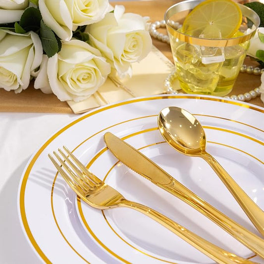WELLIFE 600 PCS Gold Disposable Dinnerware Set for 100 Guests, Gold and White Plastic Plates for Party, 100 Each-Dinner & Salad Plates, Cups, Forks Knives Spoons for Christmas Wedding and Party