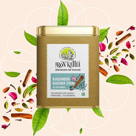 Iron Kettle Kashmiri Kahwa Green Tea | High Grown Tea blended with spices for perfect aromatic detox | Sourced exclusively from small tea growers with higher fine leaf count | 25 Tea Bags