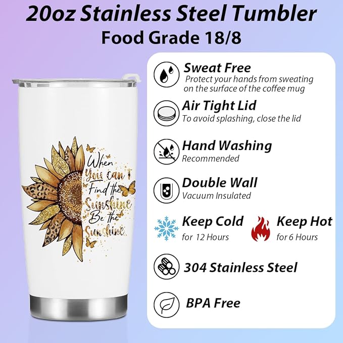 Sunflower Gifts for Women Tumbler, Positive Sunflower Stuff Accessories Birthday Christmas, Inspirational Sunshine Butterfly Coffee Mug Stainless Steel Vacuum Insulated Double Wall Travel Cup 20oz
