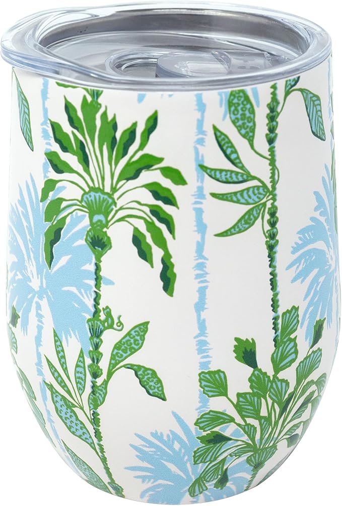 Lilly Pulitzer 12 Oz Insulated Tumbler with Lid, Yellow/Green Stainless Steel Travel Wine Glass, Double Wall Metal Cup (Swayin in the Breeze)