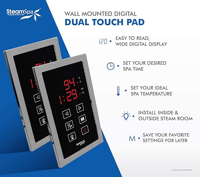 SteamSpa 4.5kW Steam Sauna Generator Executive Bundle 240V Steam Generator with Touch Pad, Steamheads, Pressure Relief Valve, Built-in Auto Drain, LED Light, Filter and Quick Install Kit EXT450BN-A