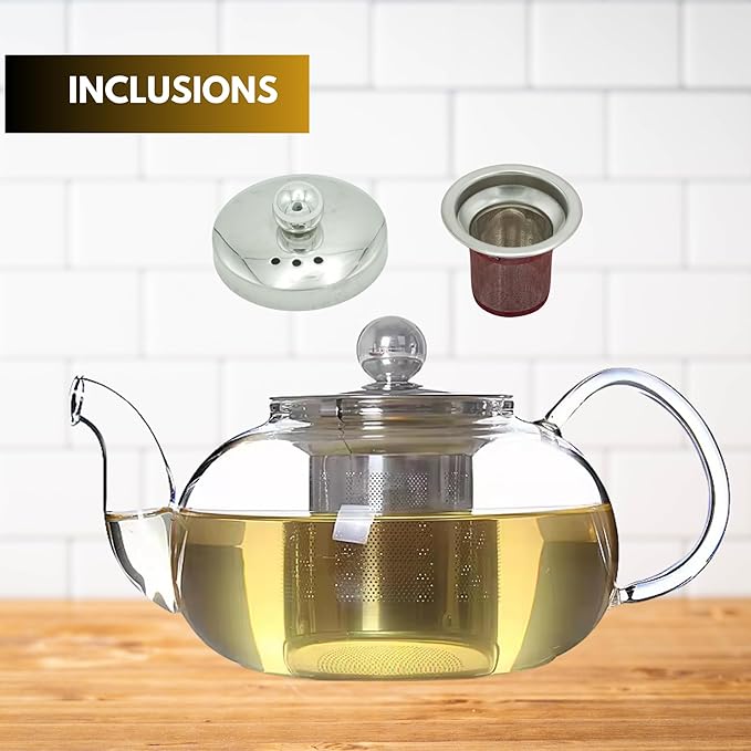 20oz (600ml) Small Clear Glass Tea Pot Set with Infuser – High Borosilicate Stovetop Teapot for Loose Leaf Tea, Herbal Infusions, and Blooming Teas – Durable, Heat-Resistant Tea Maker with Handle