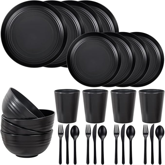 LIYH 28 Pcs Black Wheat Straw Dinnerware Sets - Plates and Bowls Sets, Unbreakable Dinnerware Set Reusable Plates, Bowls, Cups & Cutlery - Lightweight, Dish Set for Kitchen & Camping