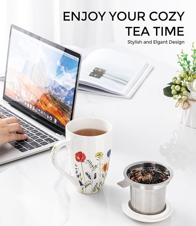AmorArc Porcelain Tea Mug with Infuser and Lid, 18 Oz Tea Cup with Handle for Loose Leaf Tea, Gift for Tea Lovers of Men and Women