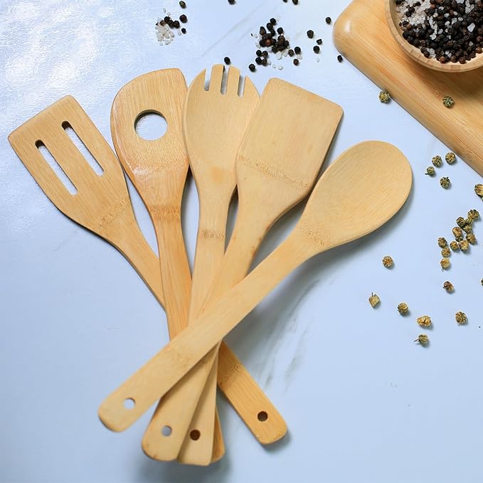Kitchen Utensils Set, Bamboo Wooden Cooking Utensils Set with Spoons and Spatula for Nonstick Cookware, Simple Modern Kitchen Gadgets for Apartment Essentials/Camping/Travel/RV (5-Piece)