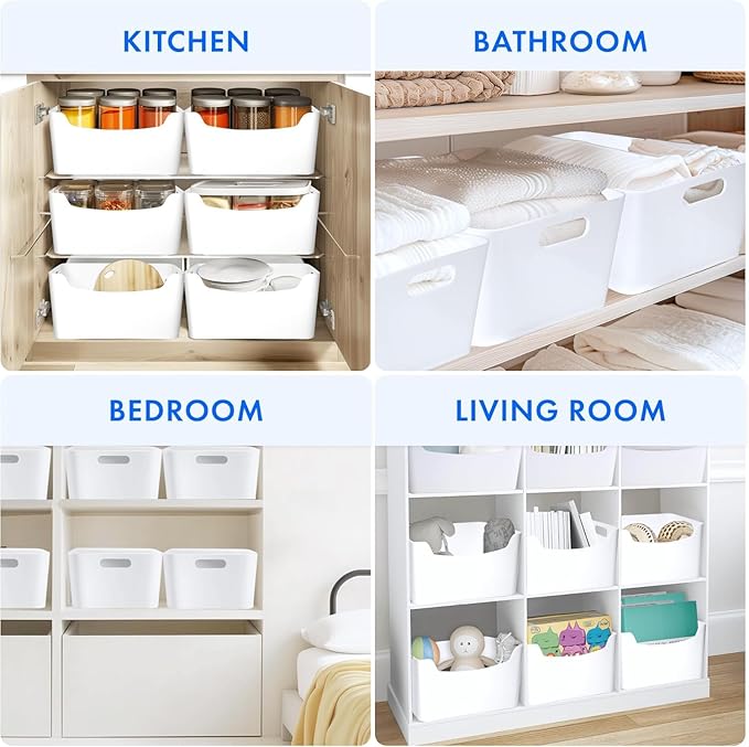 large- 3 pack White Plastic Storage Bins for Shelves, Closet Kitchen Storage Containers for Pantry Bathroom Office Organization Baskets, Cabinet Organizing Containers, White Organizer Bins for Shelves