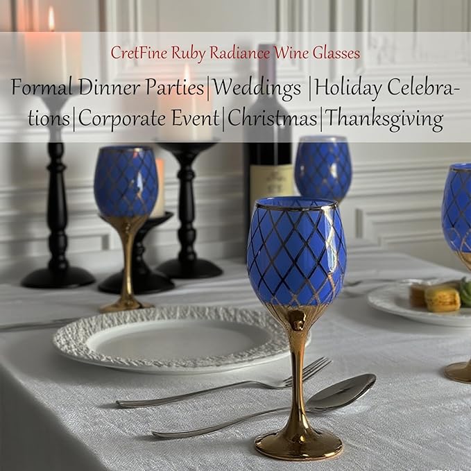 Blue and Gold Gold Wine Glasses Set of 2, Colored Long Stemmed and Rimmed Decorative Fancy Crystal Glassware, Cobalt Goblets for Gifts, Wedding, Festival, Birthday, Thanksgiving, 12oz