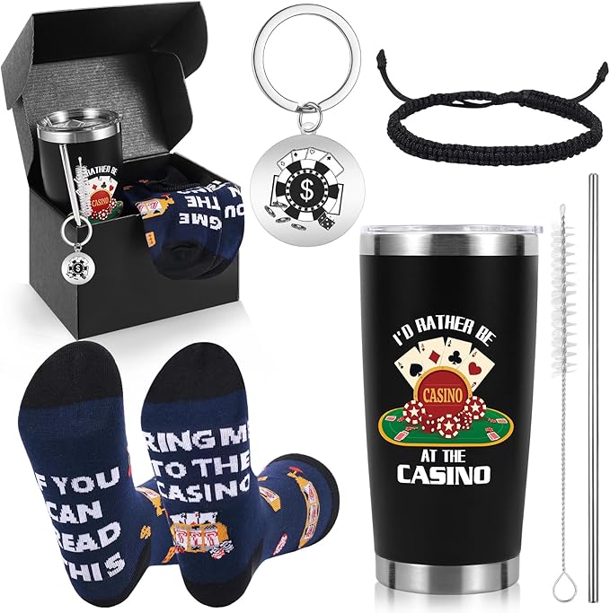 Gambling Gifts, Casino Gifts for Men Include 20 oz Casino Stainless Steel Tumbler Funny Socks Keychain Lucky Bracelet Slot Machine Gift for Christmas Birthday Party