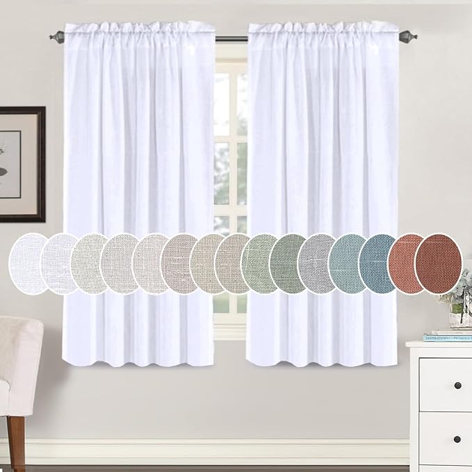 H.VERSAILTEX Linen Curtains Elegant Natural Linen Blended Curtains Energy Efficient Light Filtering/Rod Pocket Window Treatments Panels/Drapes for Livingroom (Set of 2, White, 52 inch W X 63 inch L)