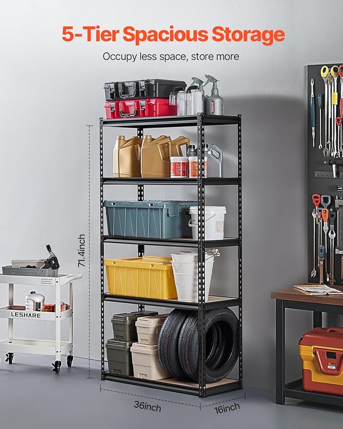 VEVOR Storage Shelves, 2000 lbs, 5 Tier Garage Storage Shelving, 16" D x 36" W x 71.4" H Adjustable Metal Shelves for Garage Shelves Utility Rack Shelf, Ideal for Kitchen, Warehouse, Basement, Black