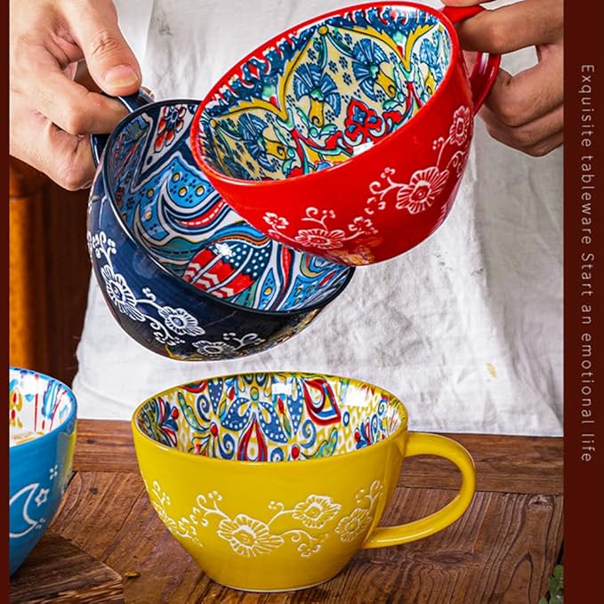Red Ceramic Mug, Bohemian Hand-Painted, 15 Oz Large Coffee Cup for Milk, Tea, Breakfast, Dishwasher & Microwave Safe Cup