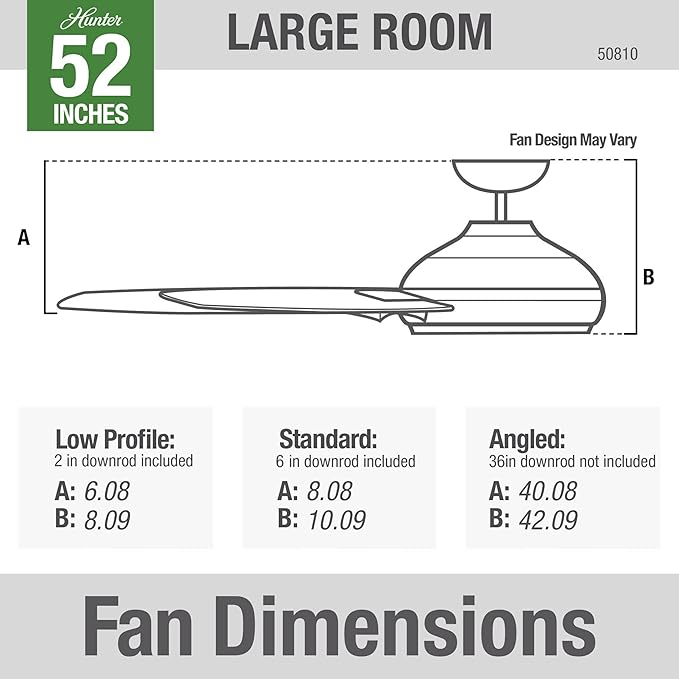 Hunter 52 inch Indoor Ceiling Fan No Light - Black Modern Ceiling Fan without Light, 3 Blades, Standard Mount, For Bedroom, Living Room, or Kitchen, Wall Control - Presto 50810, Matte Black